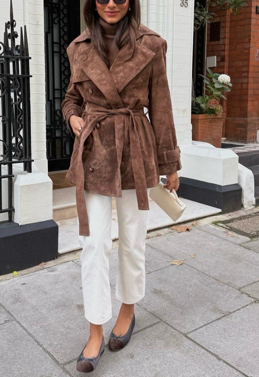 imagechouyatou Women Faux Suede Leather Trench Coat Double Breasted Midi Long Pea Coat Overacoat with BeltBrown