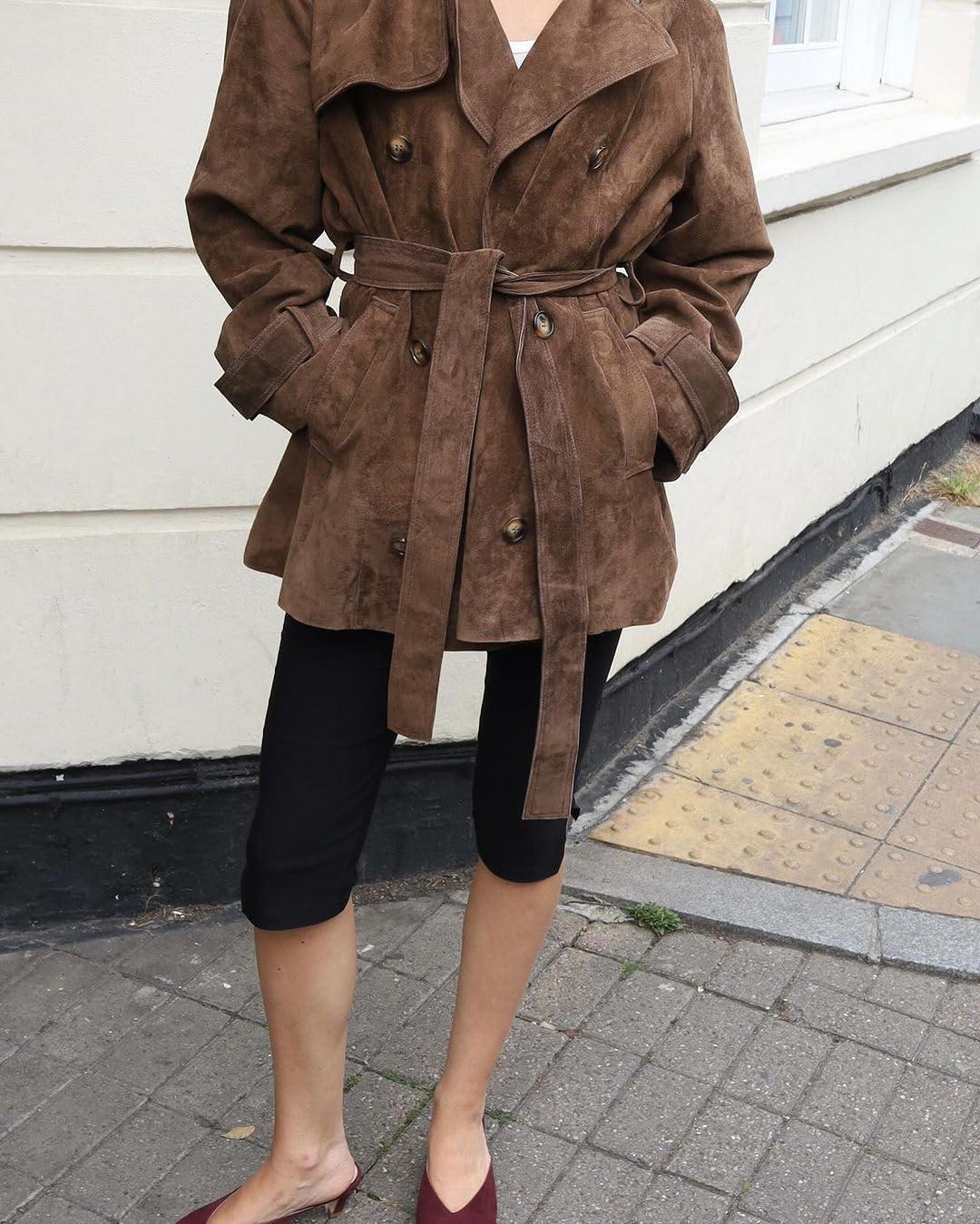 imagechouyatou Women Faux Suede Leather Trench Coat Double Breasted Midi Long Pea Coat Overacoat with BeltBrown