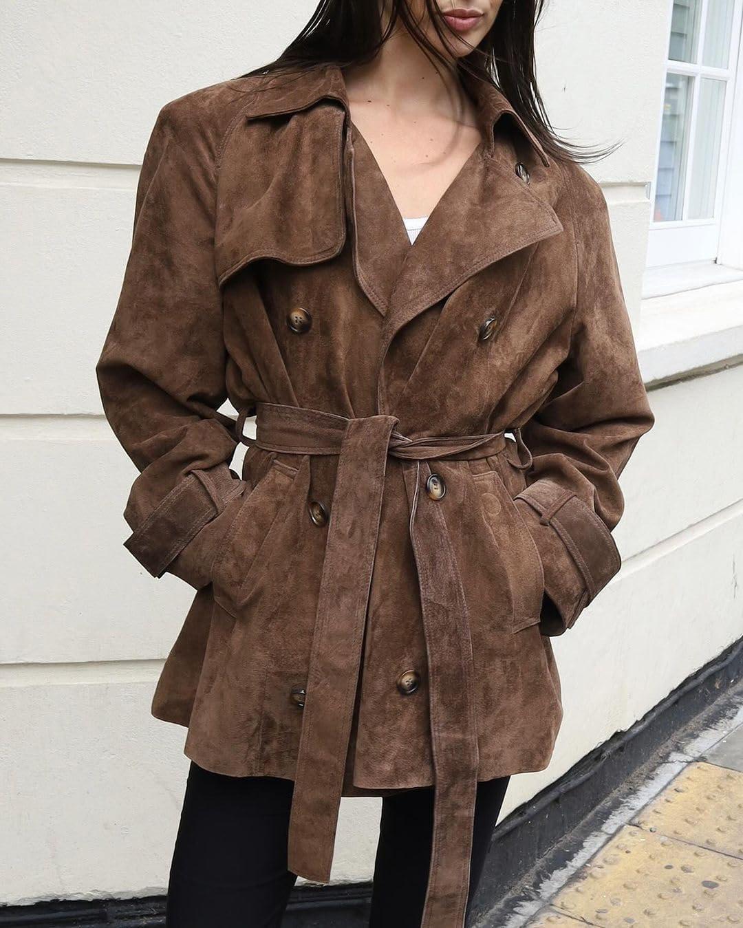 imagechouyatou Women Faux Suede Leather Trench Coat Double Breasted Midi Long Pea Coat Overacoat with BeltBrown