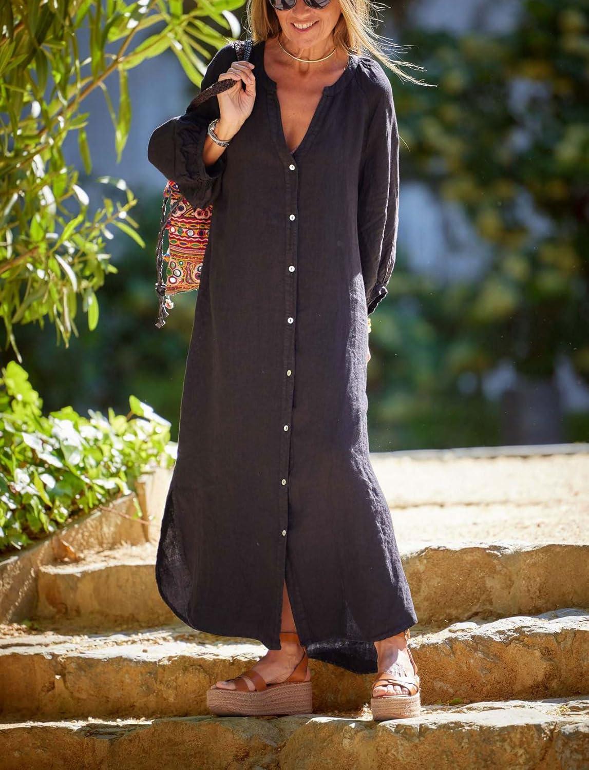 imagechouyatou Women Summer Long Sleeve Notch Neck Maxi Linen Shirt Dress Loose Button Down Tunic Shift DressBlack