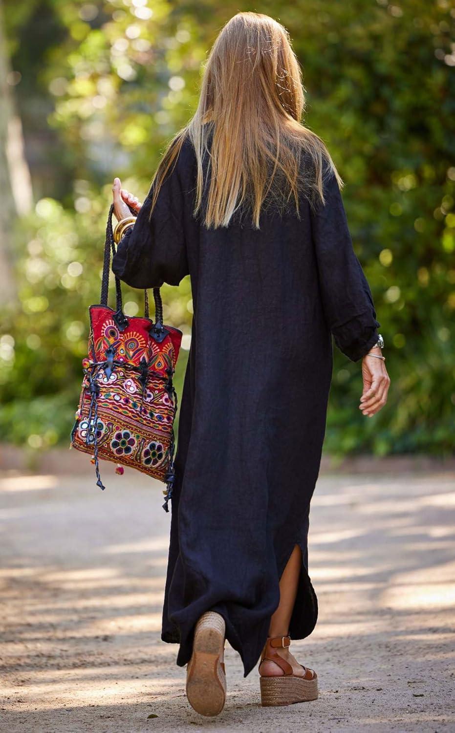 imagechouyatou Women Summer Long Sleeve Notch Neck Maxi Linen Shirt Dress Loose Button Down Tunic Shift DressBlack