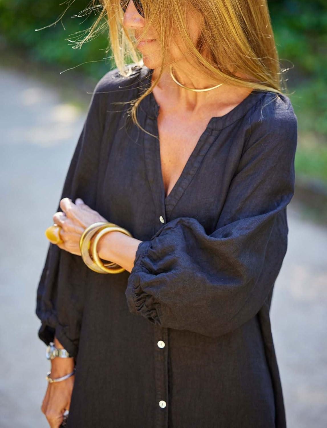 imagechouyatou Women Summer Long Sleeve Notch Neck Maxi Linen Shirt Dress Loose Button Down Tunic Shift DressBlack