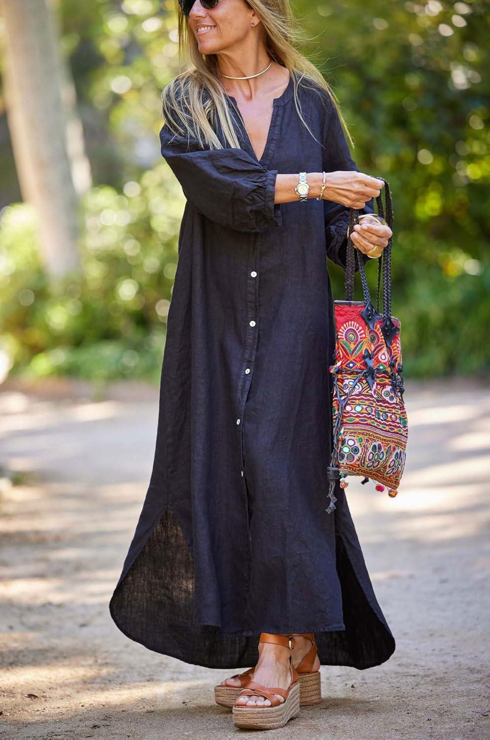 imagechouyatou Women Summer Long Sleeve Notch Neck Maxi Linen Shirt Dress Loose Button Down Tunic Shift DressBlack
