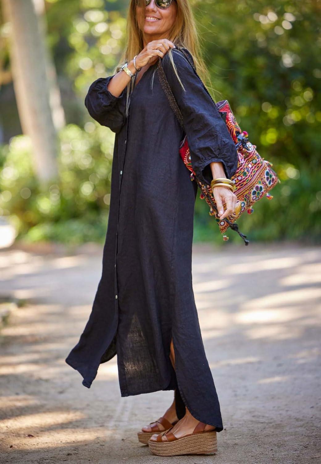 imagechouyatou Women Summer Long Sleeve Notch Neck Maxi Linen Shirt Dress Loose Button Down Tunic Shift DressBlack