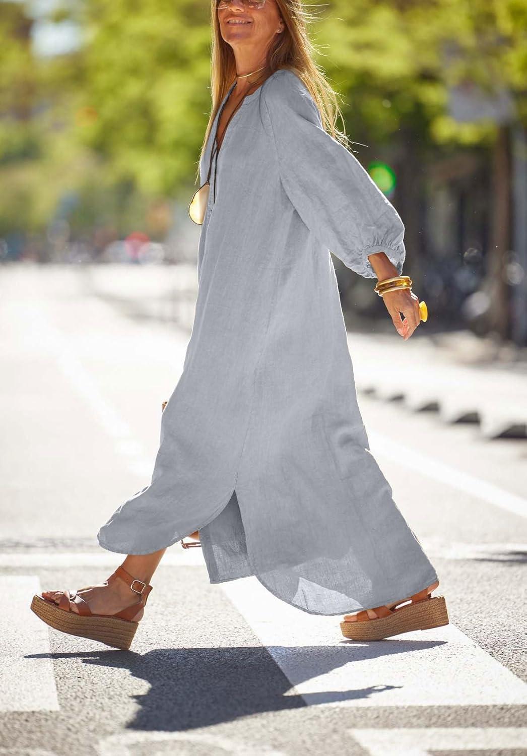 imagechouyatou Women Summer Long Sleeve Notch Neck Maxi Linen Shirt Dress Loose Button Down Tunic Shift DressGrey