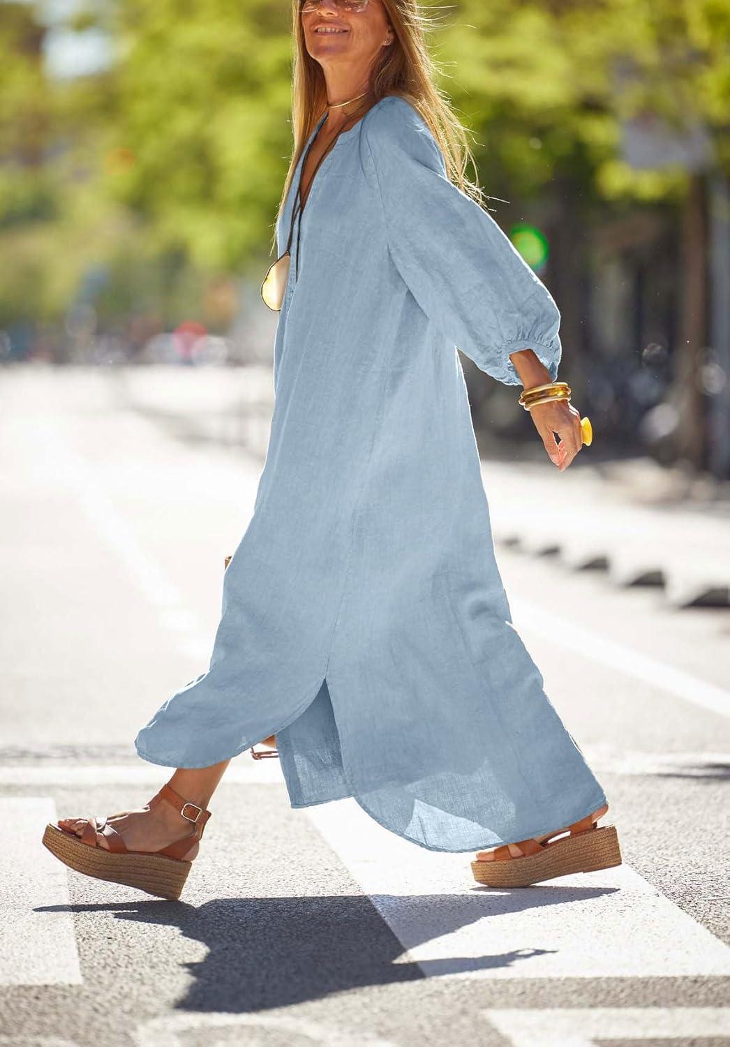 imagechouyatou Women Summer Long Sleeve Notch Neck Maxi Linen Shirt Dress Loose Button Down Tunic Shift DressLight Blue