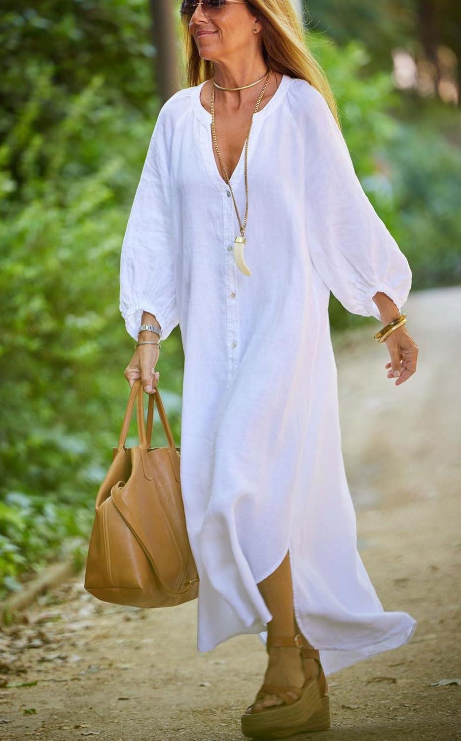 imagechouyatou Women Summer Long Sleeve Notch Neck Maxi Linen Shirt Dress Loose Button Down Tunic Shift DressWhite