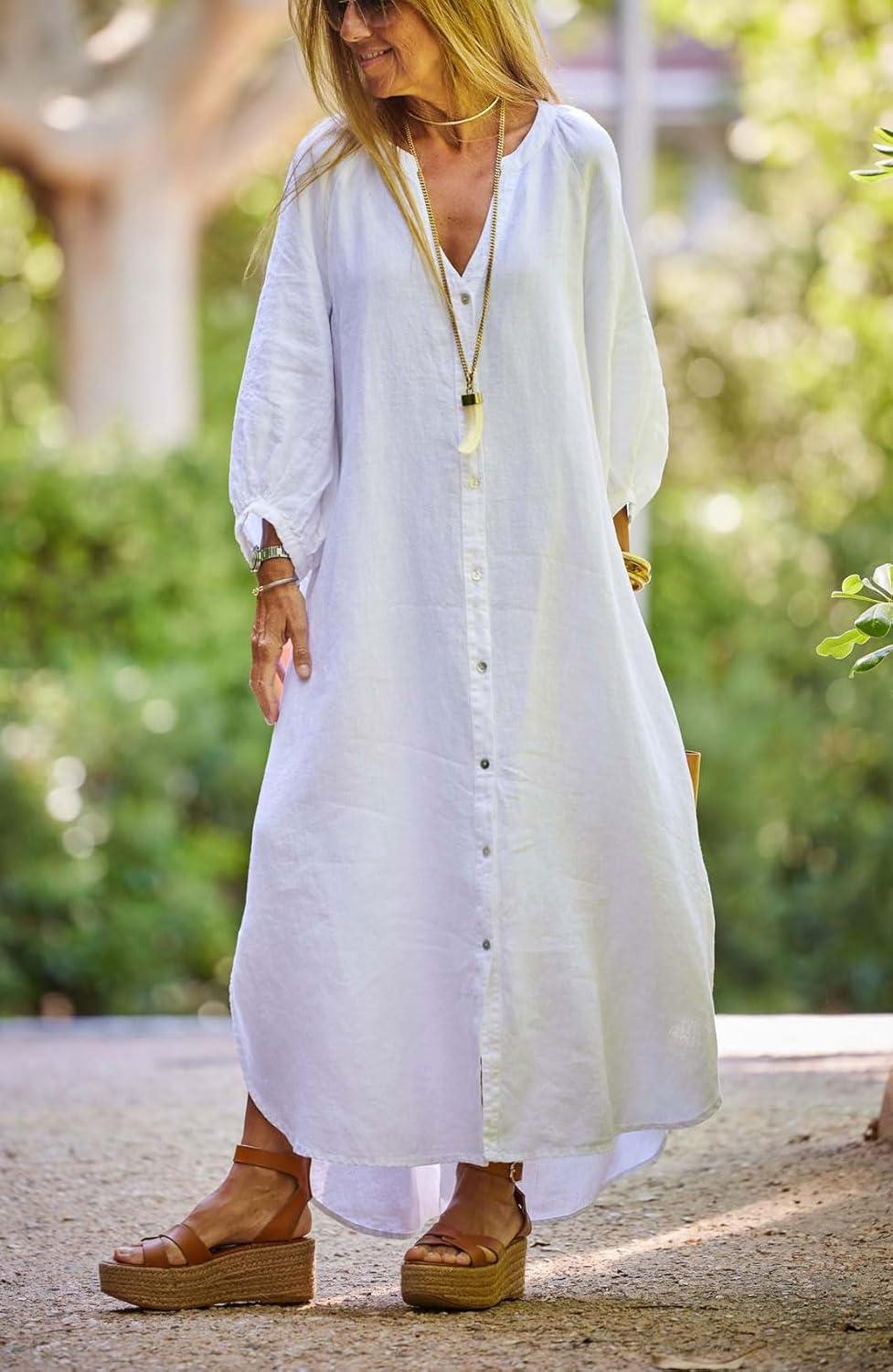 imagechouyatou Women Summer Long Sleeve Notch Neck Maxi Linen Shirt Dress Loose Button Down Tunic Shift DressWhite