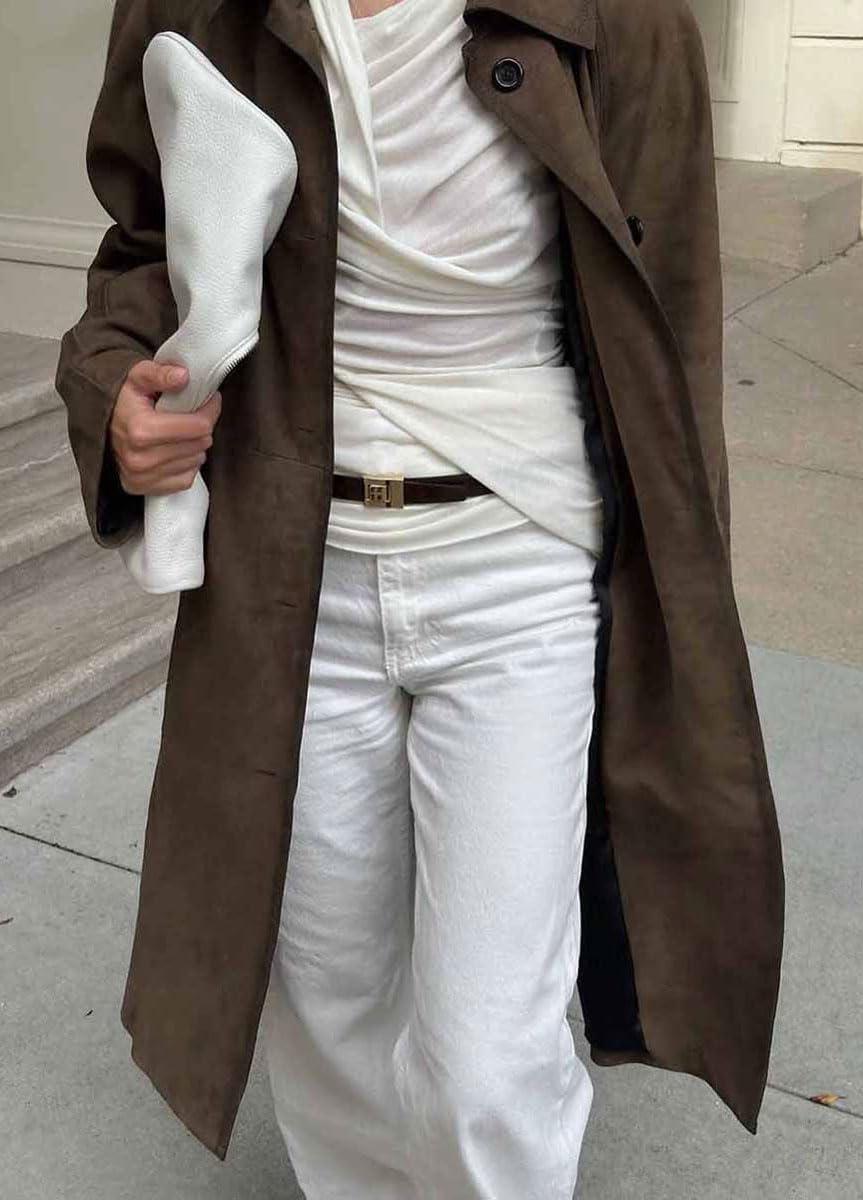 imagechouyatou Womens 2025 Faux Suede Leather Midi Long Pea Coat Casual Loose Button Down Trench CoatDark Brown