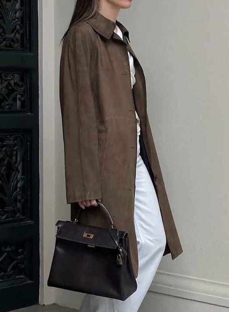 imagechouyatou Womens 2025 Faux Suede Leather Midi Long Pea Coat Casual Loose Button Down Trench CoatDark Brown