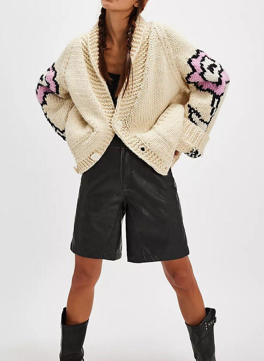 imagechouyatou Womens Fall Casual 2025 Floral Sweater Cardigans Oversized Button Down Chunky Knit Sweater CoatiganBeige