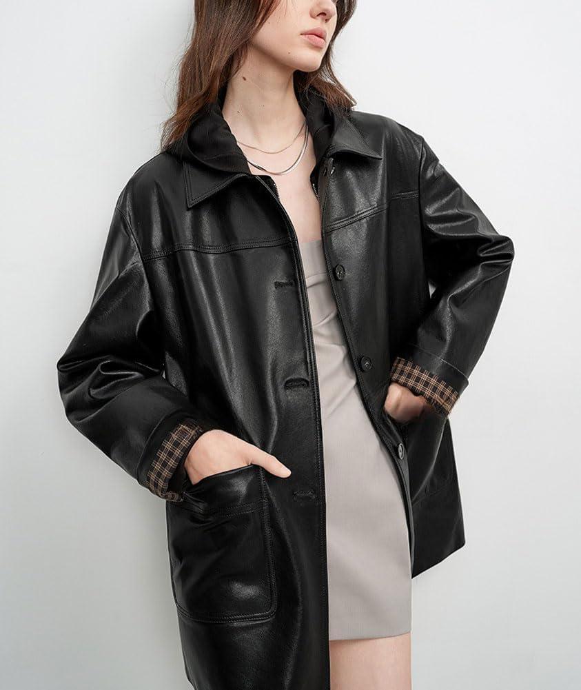 imagechouyatou Womens Faux Leather Blazer Jacket Single Breasted Pu Leather Suit Jacket Outerwear Coat with PocketsBlack