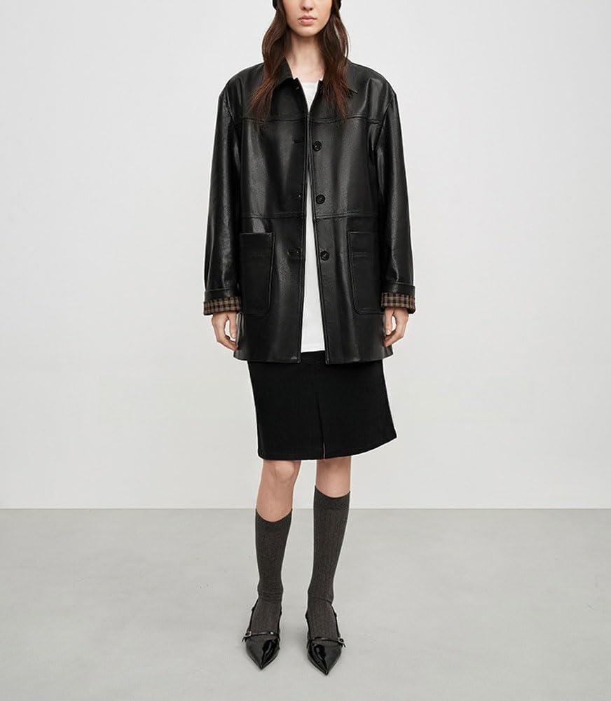 imagechouyatou Womens Faux Leather Blazer Jacket Single Breasted Pu Leather Suit Jacket Outerwear Coat with PocketsBlack
