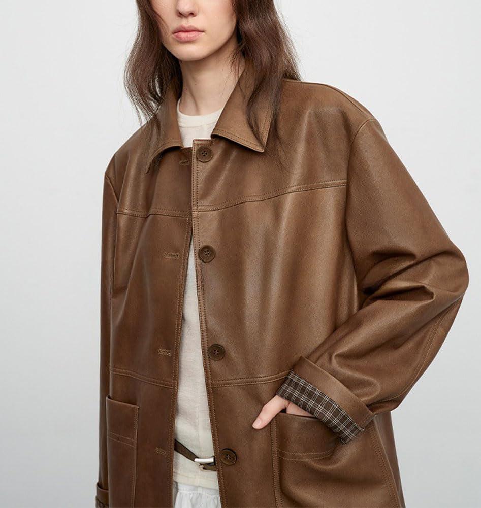 imagechouyatou Womens Faux Leather Blazer Jacket Single Breasted Pu Leather Suit Jacket Outerwear Coat with PocketsBrown