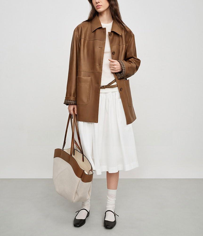 imagechouyatou Womens Faux Leather Blazer Jacket Single Breasted Pu Leather Suit Jacket Outerwear Coat with PocketsBrown