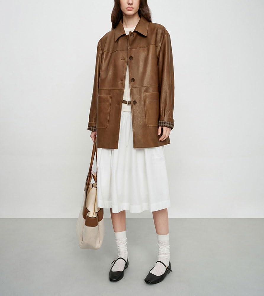 imagechouyatou Womens Faux Leather Blazer Jacket Single Breasted Pu Leather Suit Jacket Outerwear Coat with PocketsBrown