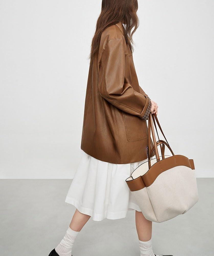 imagechouyatou Womens Faux Leather Blazer Jacket Single Breasted Pu Leather Suit Jacket Outerwear Coat with PocketsBrown