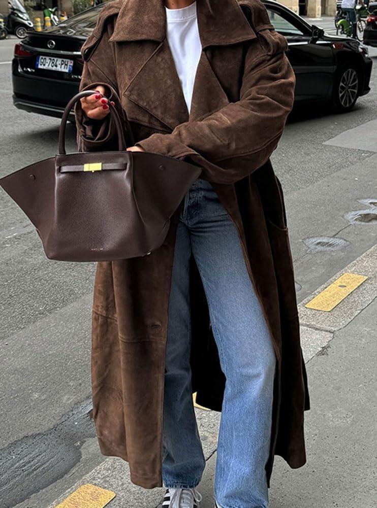imagechouyatou Womens Faux Suede Leather Trench Coat Double Breasted Notch Collar Mid Long Overcoat with BeltBrown