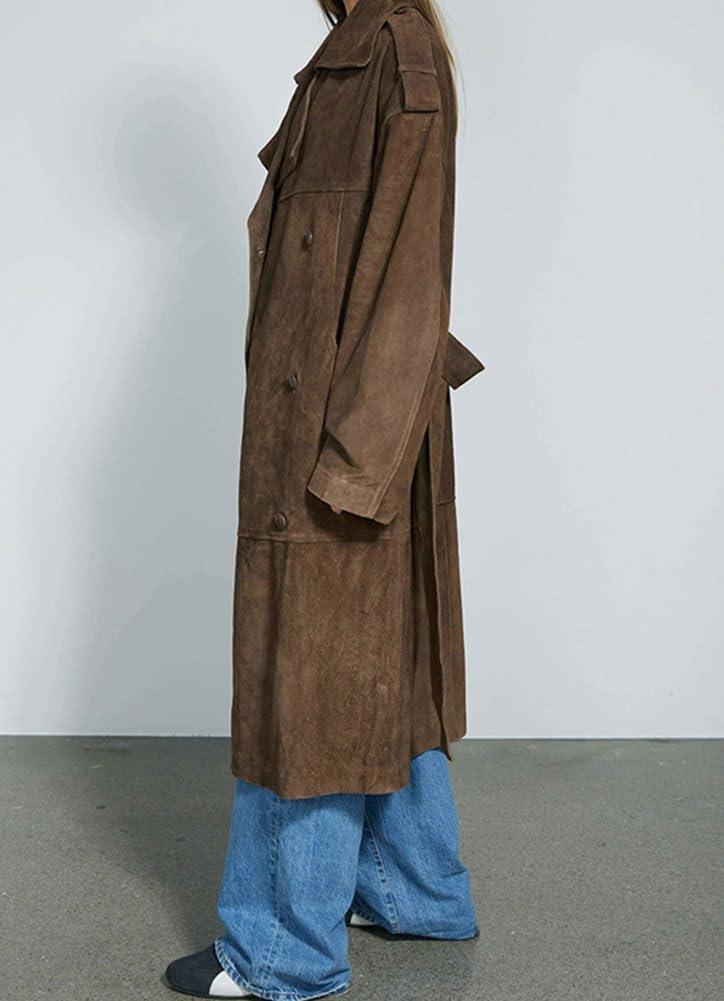 imagechouyatou Womens Faux Suede Leather Trench Coat Double Breasted Notch Collar Mid Long Overcoat with BeltBrown