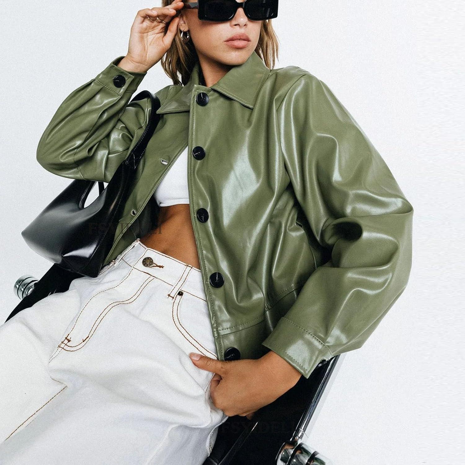 imagechouyatou Womens Vintage Cropped Leather Jacket Faux Leather Jacket Moto Oversized Biker PU CoatsGreen