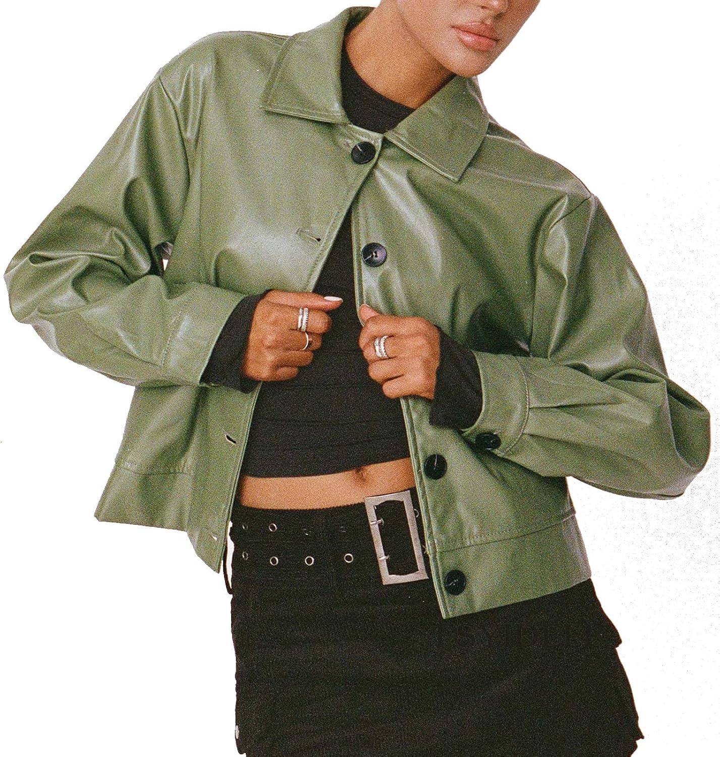 imagechouyatou Womens Vintage Cropped Leather Jacket Faux Leather Jacket Moto Oversized Biker PU CoatsGreen