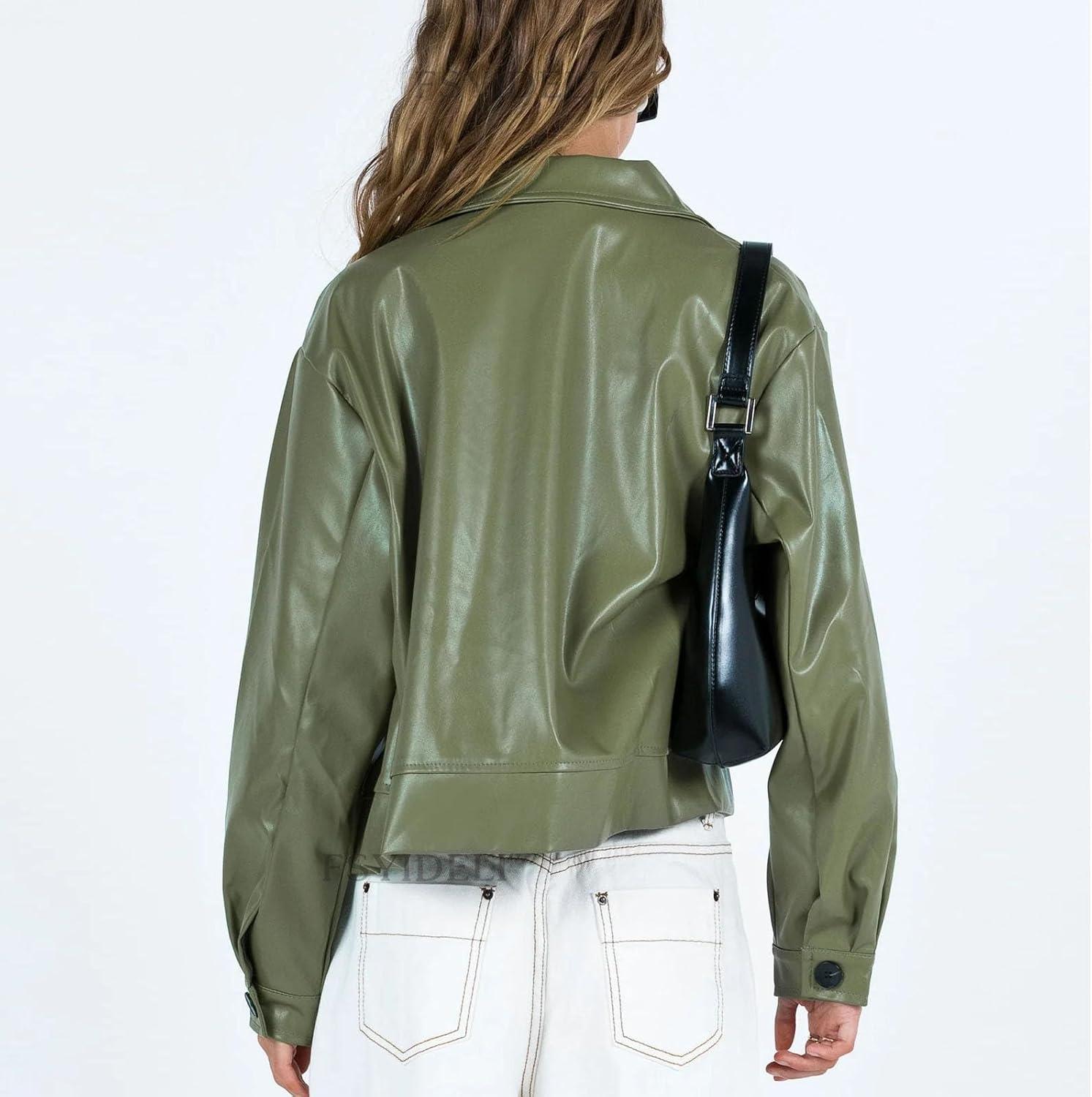 imagechouyatou Womens Vintage Cropped Leather Jacket Faux Leather Jacket Moto Oversized Biker PU CoatsGreen