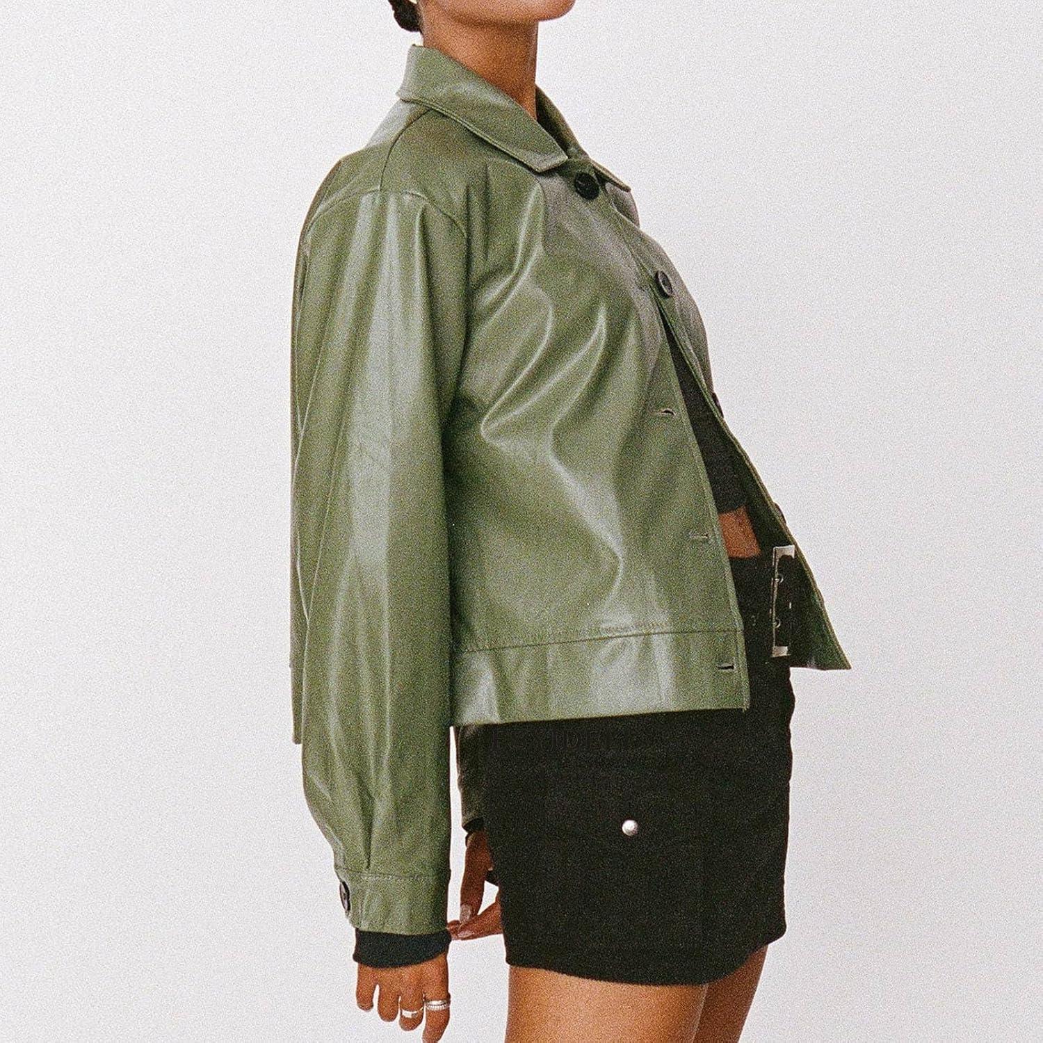 imagechouyatou Womens Vintage Cropped Leather Jacket Faux Leather Jacket Moto Oversized Biker PU CoatsGreen