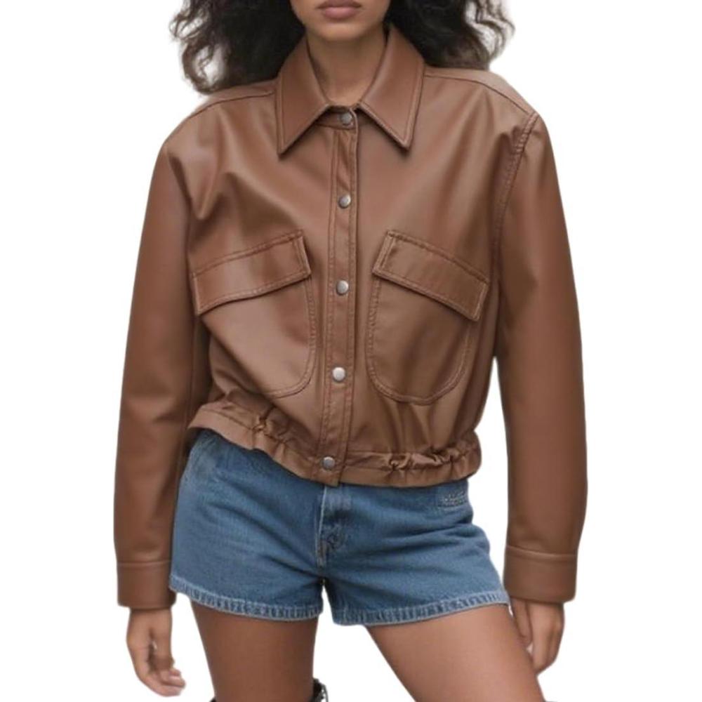 imagechouyatou Women 2025 Casual Faux Leather Motorcycle Jacket Oversized Cropped Fall Leather Jacket OuterwearBrown