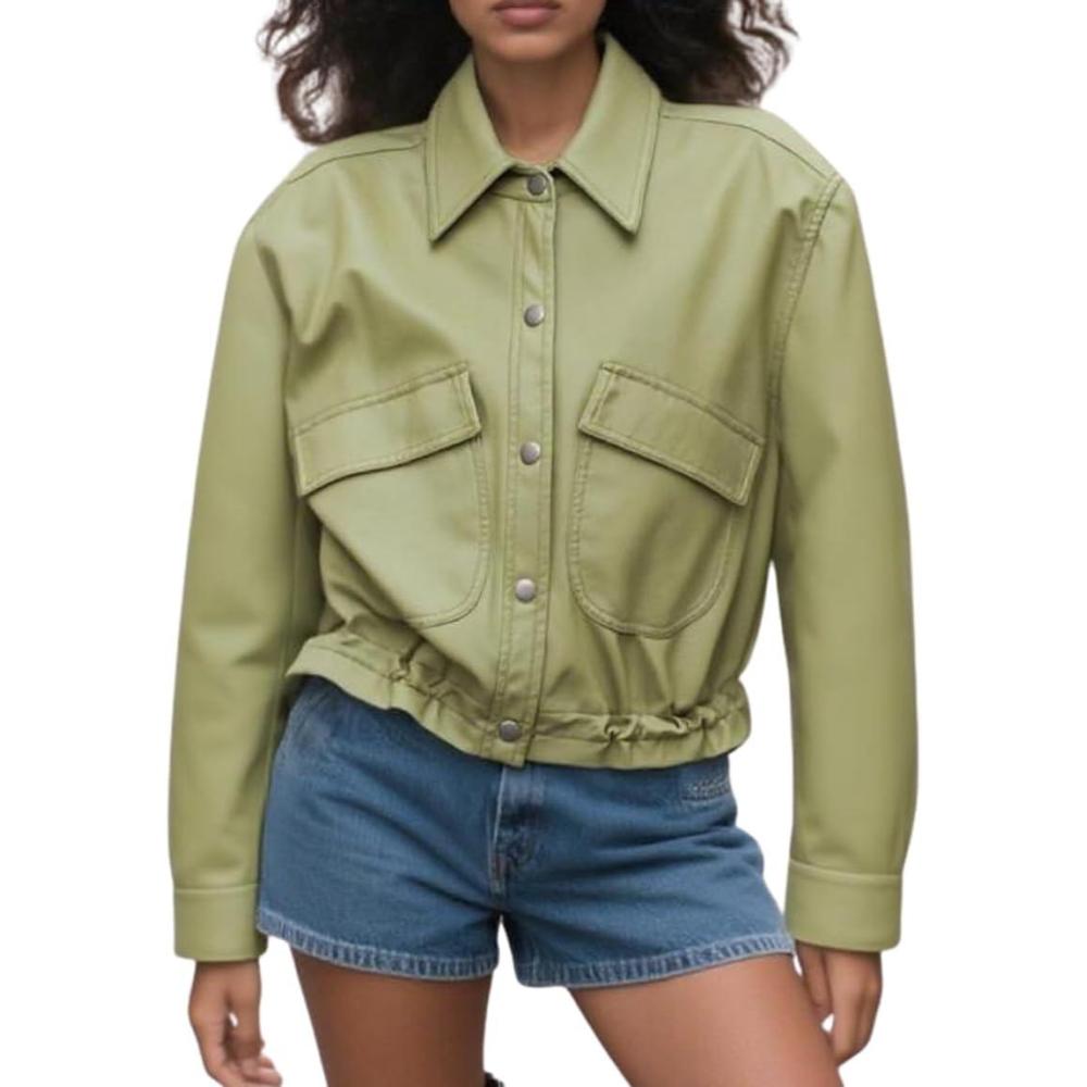 imagechouyatou Women 2025 Casual Faux Leather Motorcycle Jacket Oversized Cropped Fall Leather Jacket OuterwearGreen