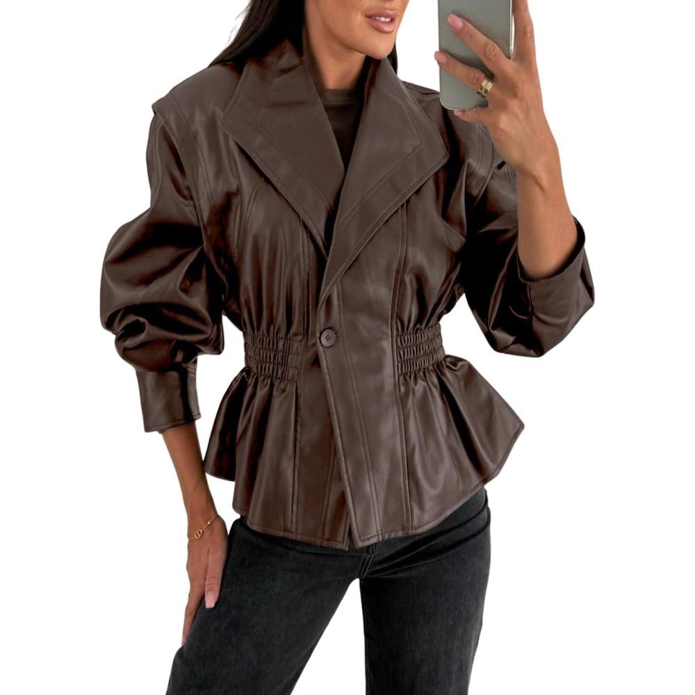 imagechouyatou Women 2025 Fall Shawl Collar Peplum Faux Leather Jacket Trendy Moto Dressy Casual Winter CoatsBrown
