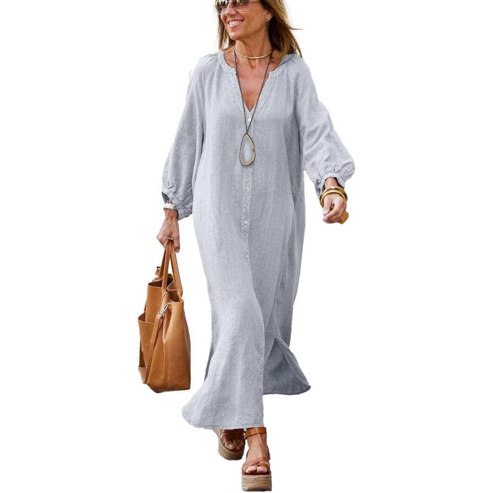 imagechouyatou Women Summer Long Sleeve Notch Neck Maxi Linen Shirt Dress Loose Button Down Tunic Shift DressGrey