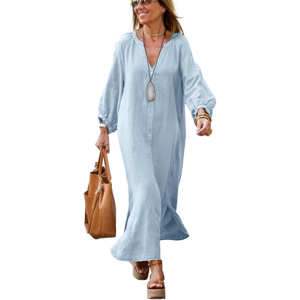 imagechouyatou Women Summer Long Sleeve Notch Neck Maxi Linen Shirt Dress Loose Button Down Tunic Shift DressLight Blue