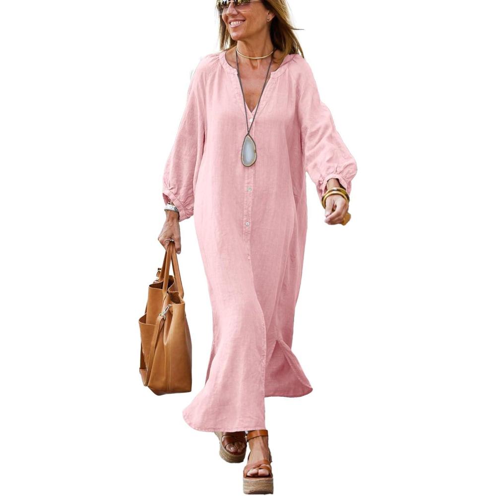 imagechouyatou Women Summer Long Sleeve Notch Neck Maxi Linen Shirt Dress Loose Button Down Tunic Shift DressPink