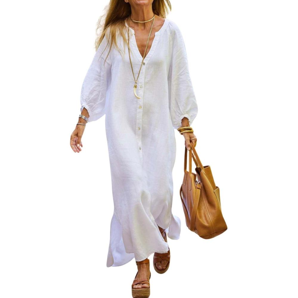 imagechouyatou Women Summer Long Sleeve Notch Neck Maxi Linen Shirt Dress Loose Button Down Tunic Shift DressWhite