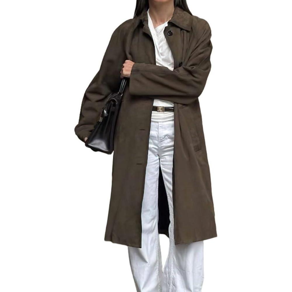 imagechouyatou Womens 2025 Faux Suede Leather Midi Long Pea Coat Casual Loose Button Down Trench CoatDark Brown