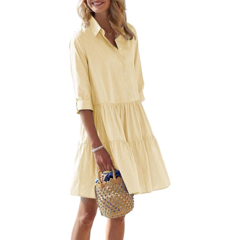 imagechouyatou Womens Striped Button Down Shirt Dress Loose Casual Cuffed Sleeve Tiered Mini Tunic DressGinger