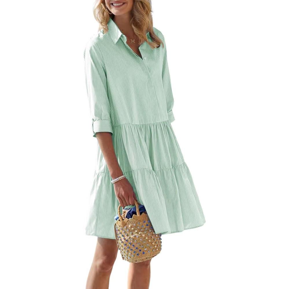 imagechouyatou Womens Striped Button Down Shirt Dress Loose Casual Cuffed Sleeve Tiered Mini Tunic DressGreen