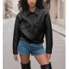 imagechouyatou Women 2025 Casual Faux Leather Motorcycle Jacket Oversized Cropped Fall Leather Jacket OuterwearBlack