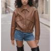 imagechouyatou Women 2025 Casual Faux Leather Motorcycle Jacket Oversized Cropped Fall Leather Jacket OuterwearBrown