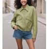 imagechouyatou Women 2025 Casual Faux Leather Motorcycle Jacket Oversized Cropped Fall Leather Jacket OuterwearGreen
