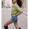 imagechouyatou Women 2025 Casual Faux Leather Motorcycle Jacket Oversized Cropped Fall Leather Jacket OuterwearGreen