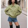 imagechouyatou Women 2025 Casual Faux Leather Motorcycle Jacket Oversized Cropped Fall Leather Jacket OuterwearGreen