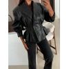 imagechouyatou Women 2025 Fall Shawl Collar Peplum Faux Leather Jacket Trendy Moto Dressy Casual Winter CoatsBlack