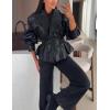 imagechouyatou Women 2025 Fall Shawl Collar Peplum Faux Leather Jacket Trendy Moto Dressy Casual Winter CoatsBlack
