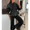 imagechouyatou Women 2025 Fall Shawl Collar Peplum Faux Leather Jacket Trendy Moto Dressy Casual Winter CoatsBlack