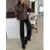 imagechouyatou Women 2025 Fall Shawl Collar Peplum Faux Leather Jacket Trendy Moto Dressy Casual Winter CoatsBrown