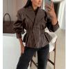imagechouyatou Women 2025 Fall Shawl Collar Peplum Faux Leather Jacket Trendy Moto Dressy Casual Winter CoatsBrown