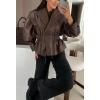 imagechouyatou Women 2025 Fall Shawl Collar Peplum Faux Leather Jacket Trendy Moto Dressy Casual Winter CoatsBrown