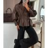 imagechouyatou Women 2025 Fall Shawl Collar Peplum Faux Leather Jacket Trendy Moto Dressy Casual Winter CoatsBrown