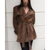 imagechouyatou Women Faux Suede Leather Trench Coat Double Breasted Midi Long Pea Coat Overacoat with BeltBrown